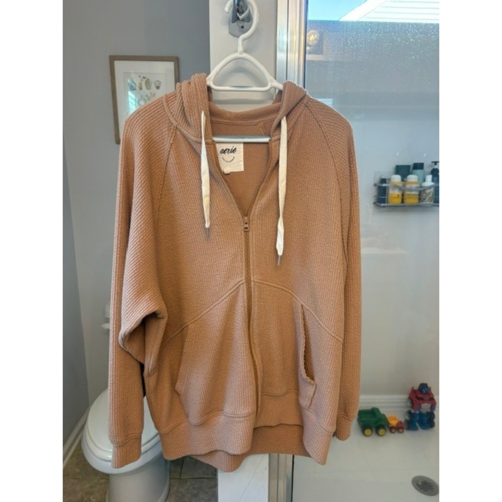 Aerie Women's S Oversized Ribbed Full Zip Hoodie Tan Brown Cozy Slouchy